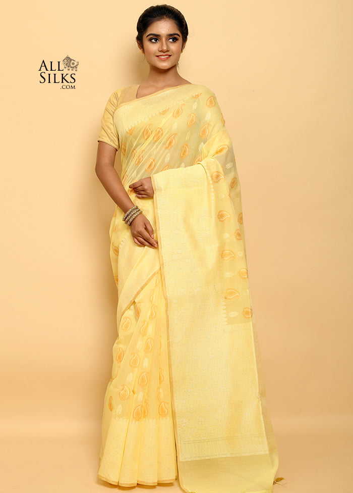 Light Yellow Kora Silk Saree With Blouse - Indian Silk House Agencies