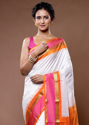 White Kanjivaram Pure Silk Saree With Blouse Piece - Indian Silk House Agencies