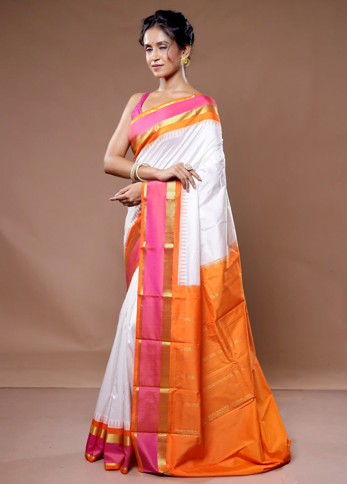 White Kanjivaram Pure Silk Saree With Blouse Piece - Indian Silk House Agencies