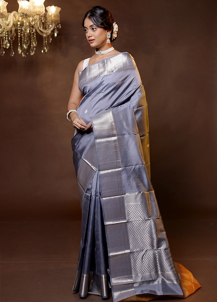 Grey Handloom Kanchipuram Pure Silk Saree With Blouse Piece