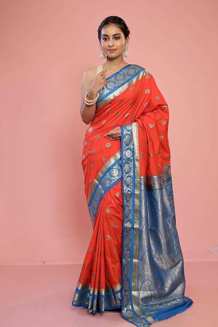 Rust Kanjivaram Silk Saree With Blouse Piece - Indian Silk House Agencies