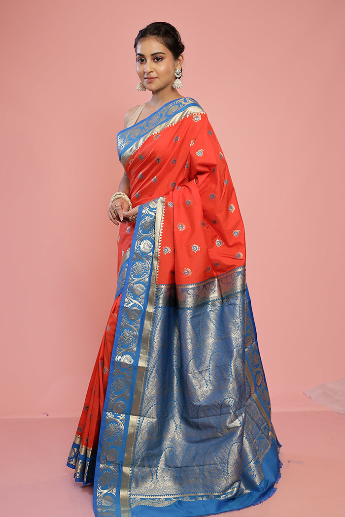 Rust Kanjivaram Silk Saree With Blouse Piece - Indian Silk House Agencies