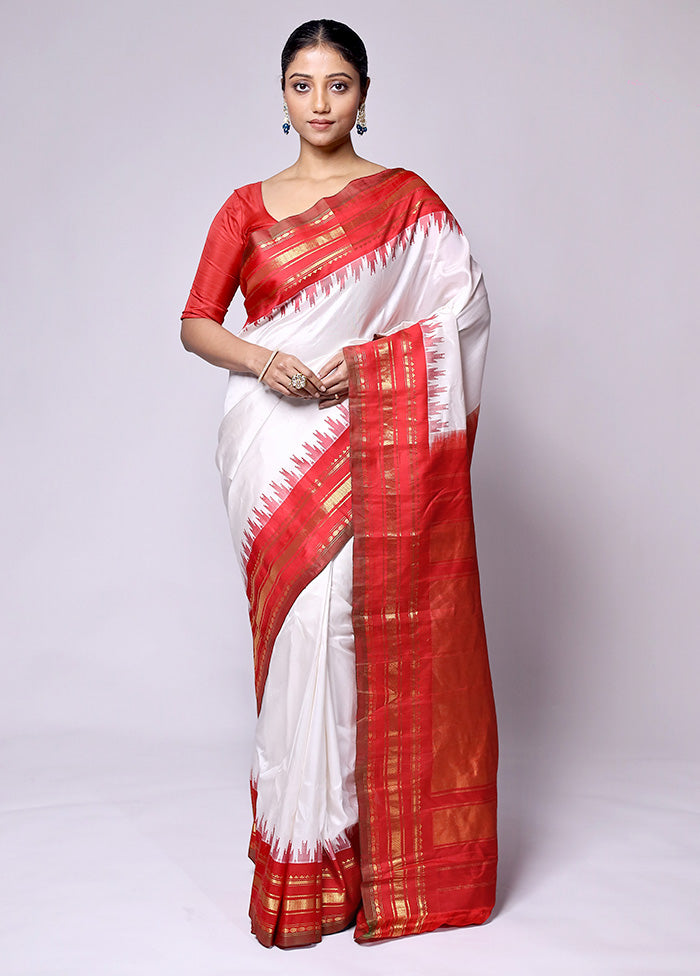 White Gadwal Pure Silk Saree Without Blouse Piece