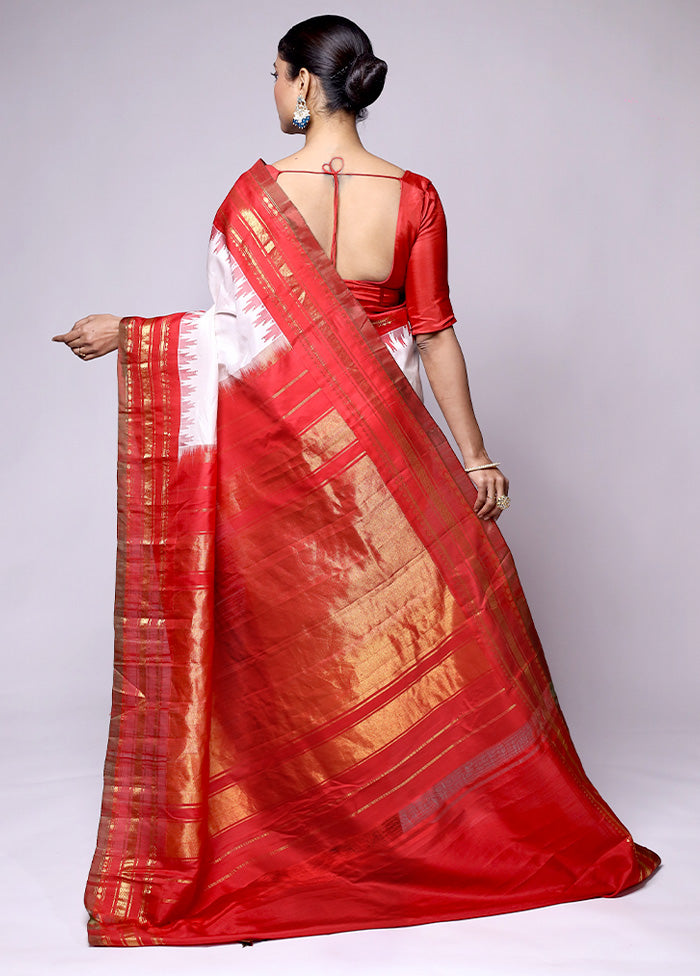 White Gadwal Pure Silk Saree Without Blouse Piece