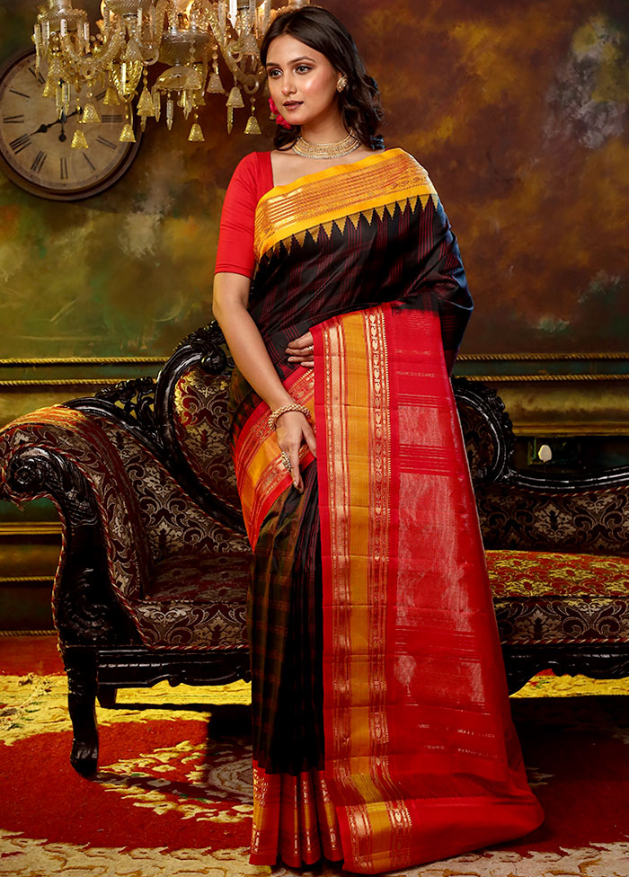 Black Pure Gadwal Silk Saree With Blouse Piece - Indian Silk House Agencies