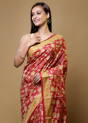 Red Printed Silk Saree Without Blouse Piece