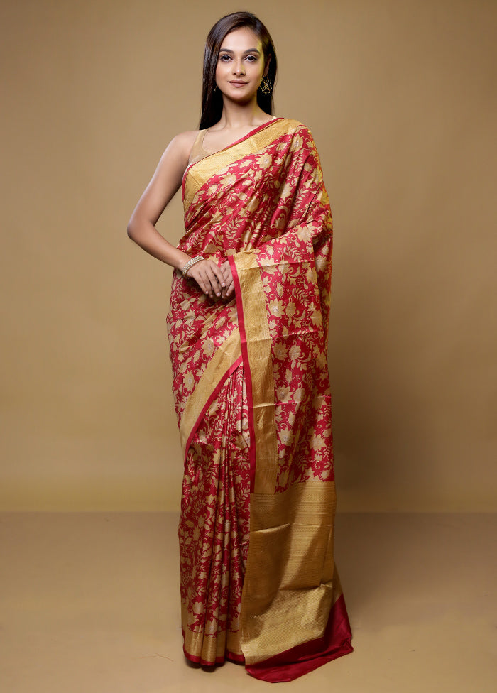 Red Printed Silk Saree Without Blouse Piece