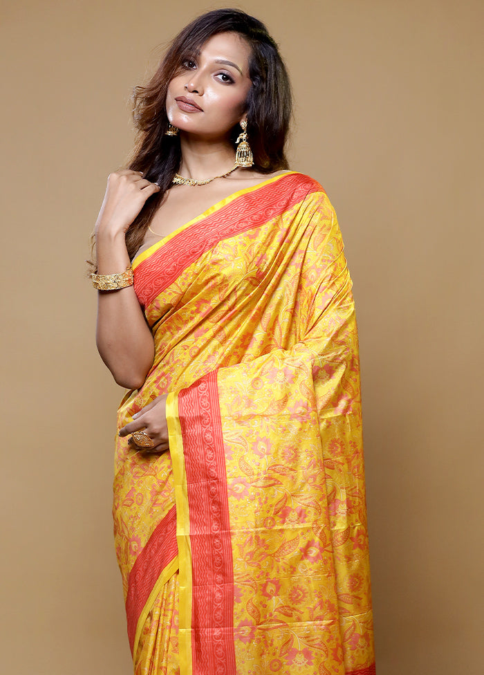 Yellow Printed Silk Saree Without Blouse Piece