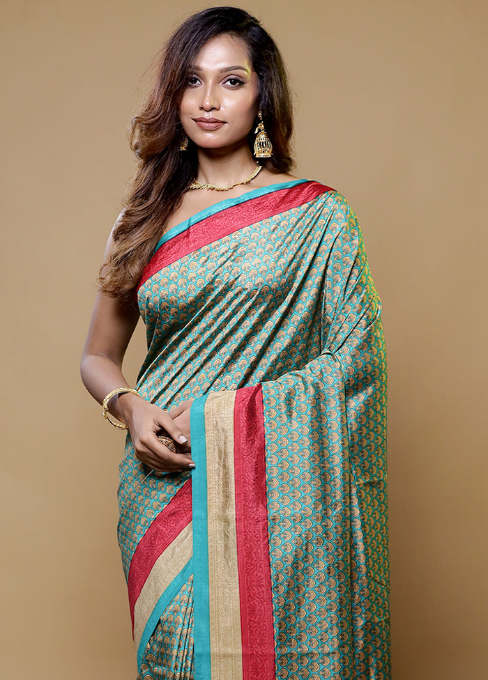 Green Printed Silk Saree Without Blouse Piece