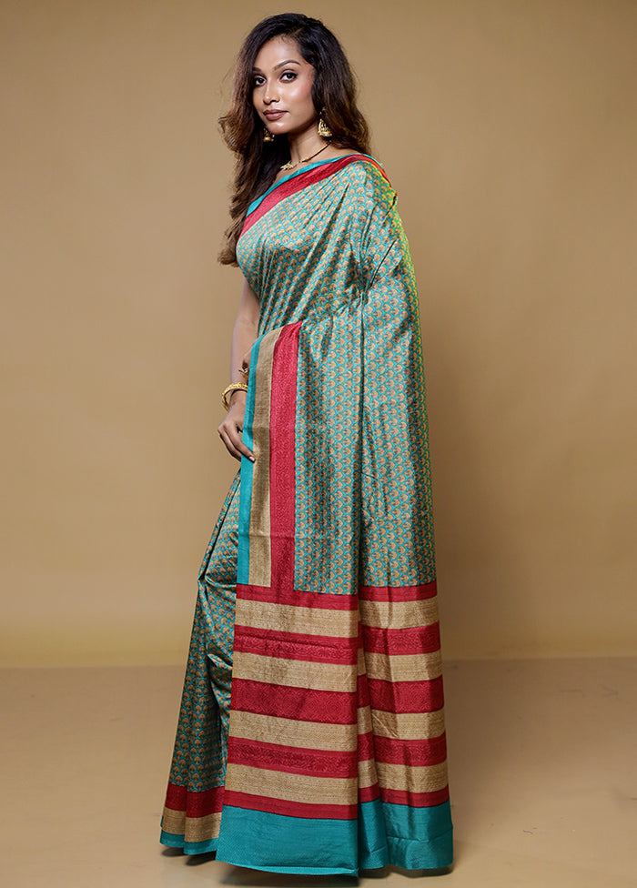 Green Printed Silk Saree Without Blouse Piece