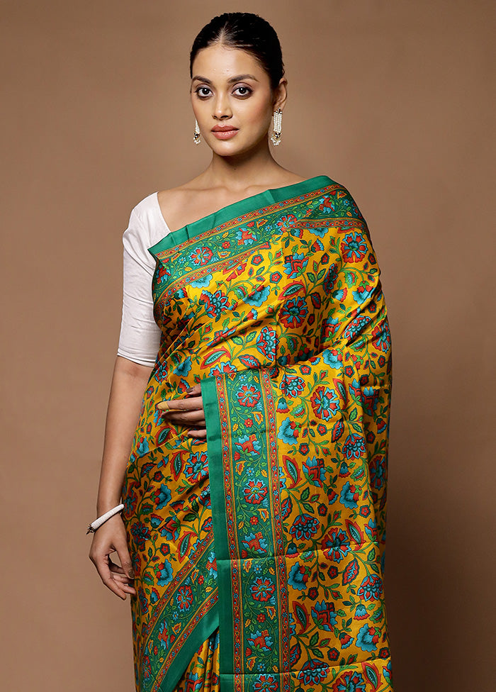 Yellow Printed Pure Silk Saree Without Blouse Piece