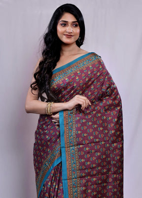 Maroon Printed Pure Silk Saree With Blouse Piece - Indian Silk House Agencies