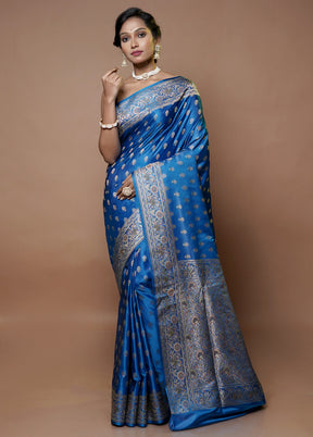 Blue Handloom Jamewar Pure Silk Saree With Blouse Piece