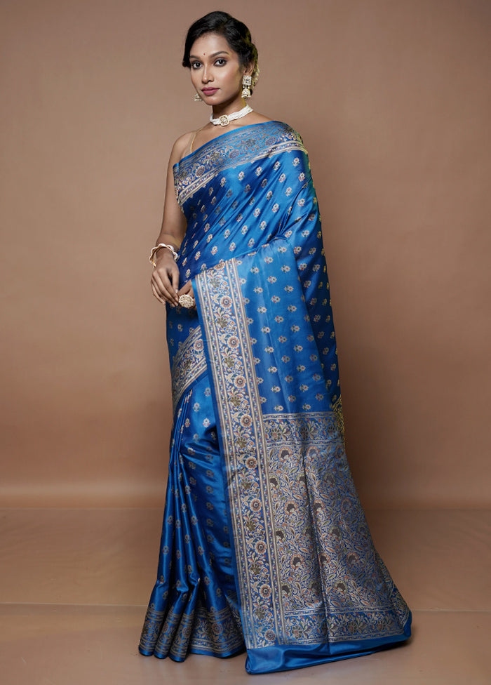 Blue Handloom Jamewar Pure Silk Saree With Blouse Piece