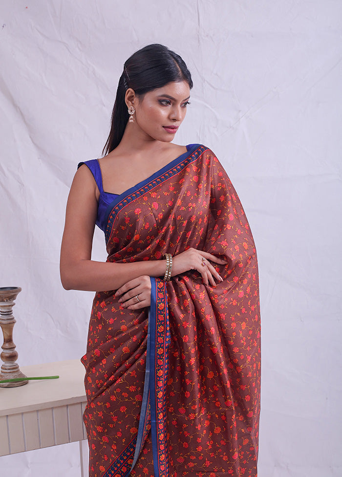 Brown Printed Pure Silk Saree With Blouse Piece - Indian Silk House Agencies