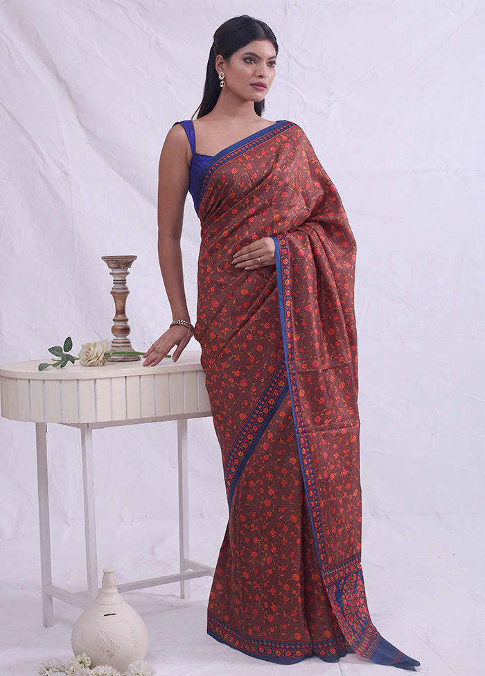 Brown Printed Pure Silk Saree With Blouse Piece - Indian Silk House Agencies