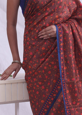 Brown Printed Pure Silk Saree With Blouse Piece - Indian Silk House Agencies