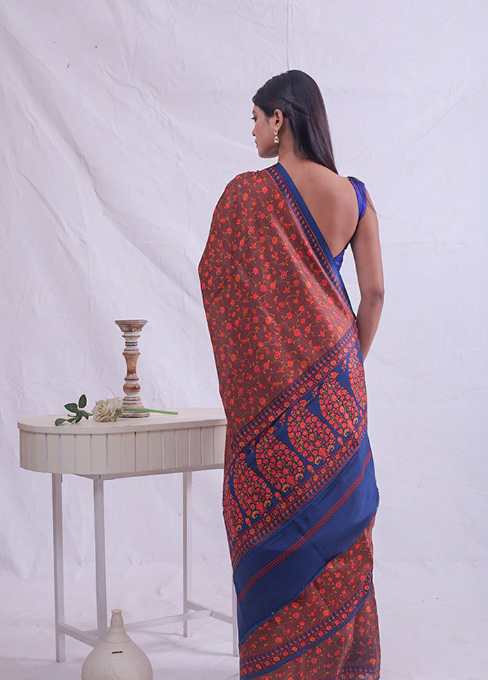 Brown Printed Pure Silk Saree With Blouse Piece - Indian Silk House Agencies