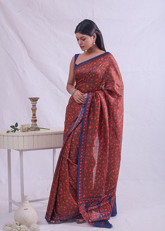 Brown Printed Pure Silk Saree With Blouse Piece - Indian Silk House Agencies