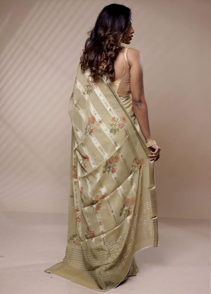 Cream Printed Pure Silk Saree Without Blouse Piece - Indian Silk House Agencies