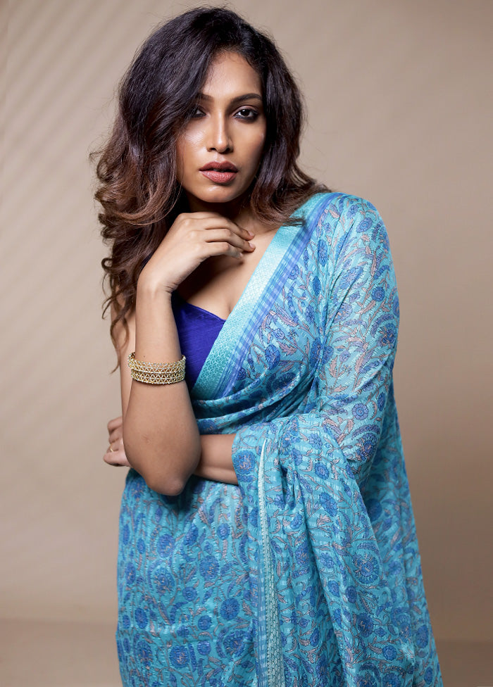 Blue Chiffon Pure Silk Saree Without Blouse Piece - Indian Silk House Agencies