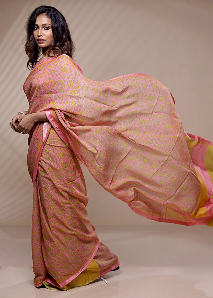Pink Chiffon Pure Silk Saree Without Blouse Piece - Indian Silk House Agencies