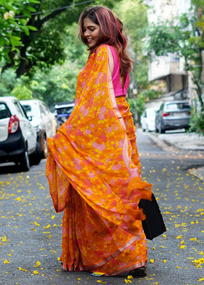 Pink Handloom Chiffon Pure Silk Saree With Blouse Piece