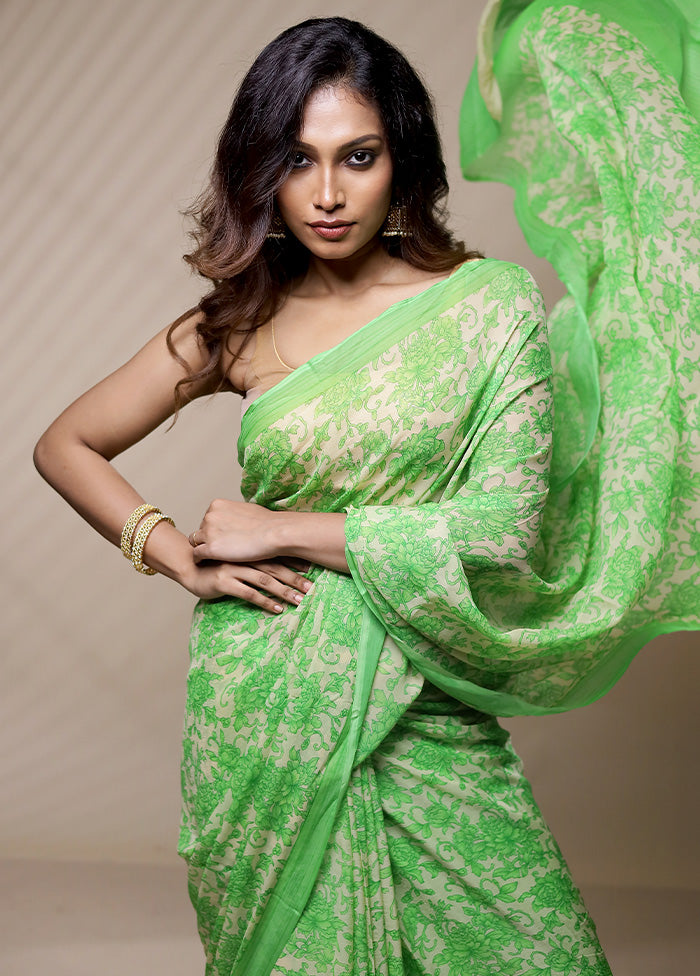 Green Chiffon Pure Silk Saree Without Blouse Piece - Indian Silk House Agencies
