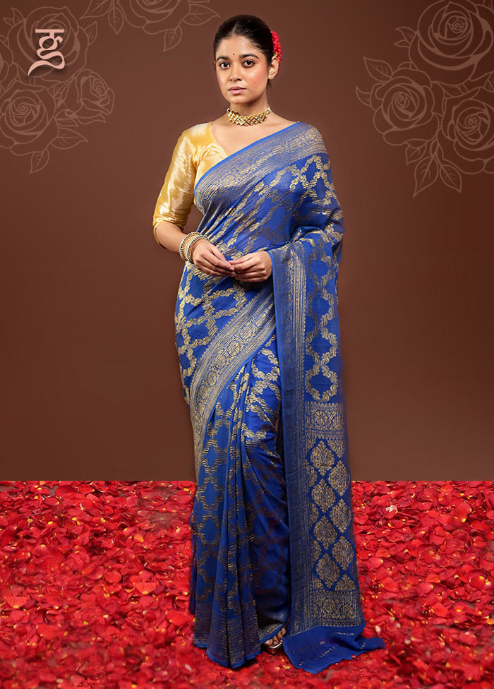 Blue Handloom Pure Georgette Saree With Blouse Piece