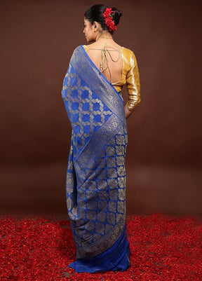 Blue Handloom Pure Georgette Saree With Blouse Piece