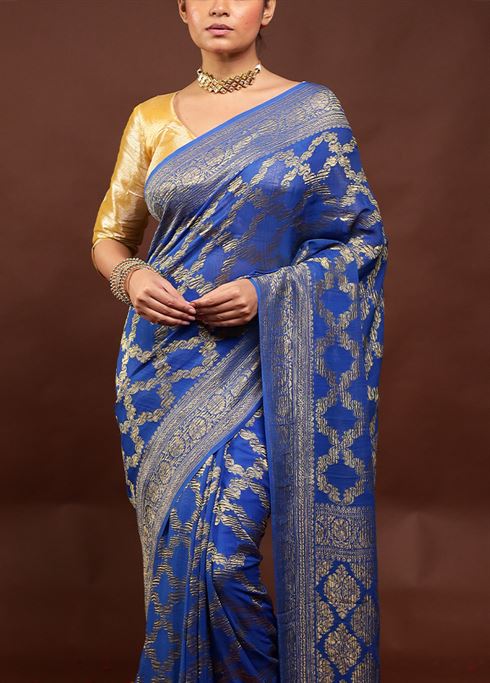 Blue Handloom Pure Georgette Saree With Blouse Piece