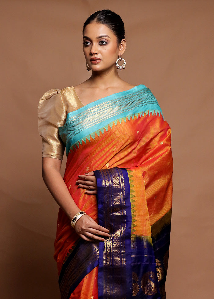 Orange Gadwal Pure Silk Saree Without Blouse Piece