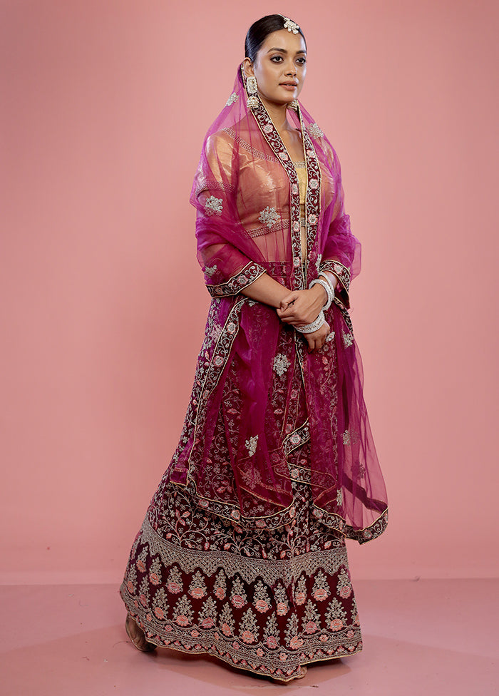 3 Pc Purple Semi Stitched Silk Lehenga Set - Indian Silk House Agencies