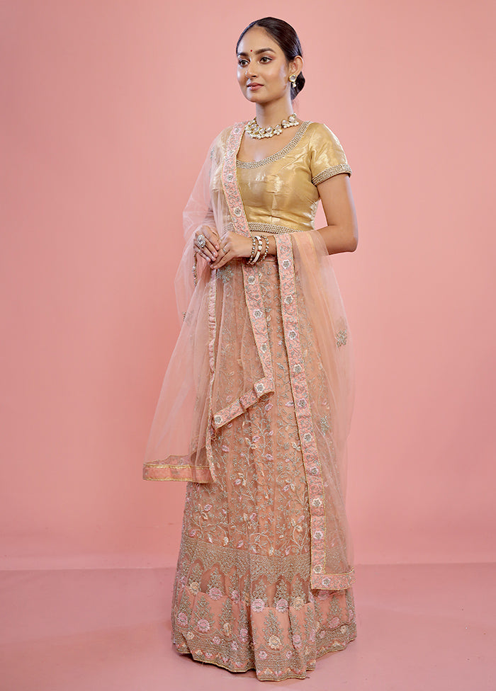 3 Pc Cream Semi Stitched Silk Lehenga Set - Indian Silk House Agencies