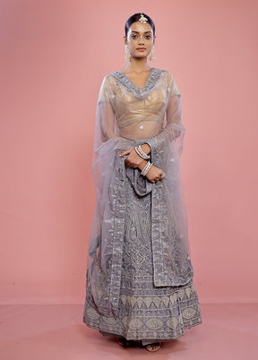 3 Pc Grey Semi Stitched Silk Lehenga Set - Indian Silk House Agencies