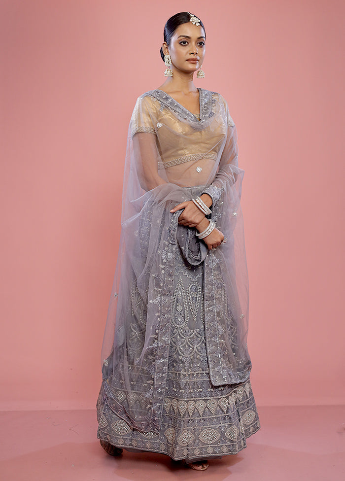 3 Pc Grey Semi Stitched Silk Lehenga Set - Indian Silk House Agencies