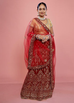 3 Pc Maroon Semi Stitched Silk Lehenga Set - Indian Silk House Agencies