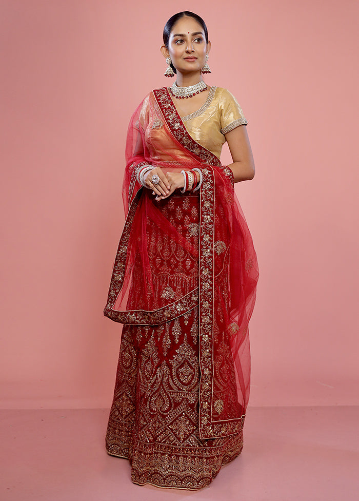 3 Pc Maroon Semi Stitched Silk Lehenga Set - Indian Silk House Agencies