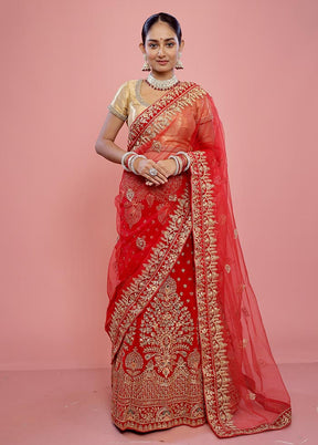 3 Pc Red Semi Stitched Silk Lehenga Set - Indian Silk House Agencies