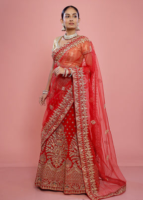 3 Pc Red Semi Stitched Silk Lehenga Set - Indian Silk House Agencies