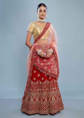 3 Pc Red Semi Stitched Silk Lehenga Set - Indian Silk House Agencies