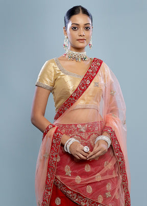 3 Pc Red Semi Stitched Silk Lehenga Set - Indian Silk House Agencies