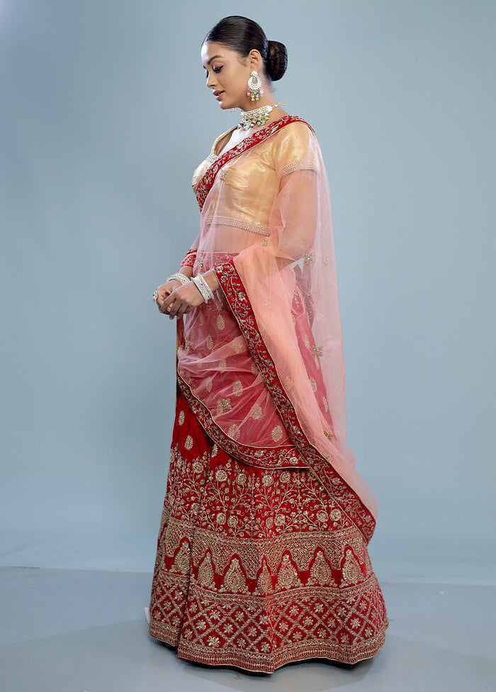 3 Pc Red Semi Stitched Silk Lehenga Set - Indian Silk House Agencies