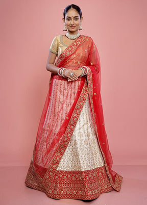 3 Pc White Semi Stitched Silk Lehenga Set - Indian Silk House Agencies