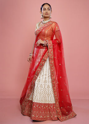 3 Pc White Semi Stitched Silk Lehenga Set - Indian Silk House Agencies