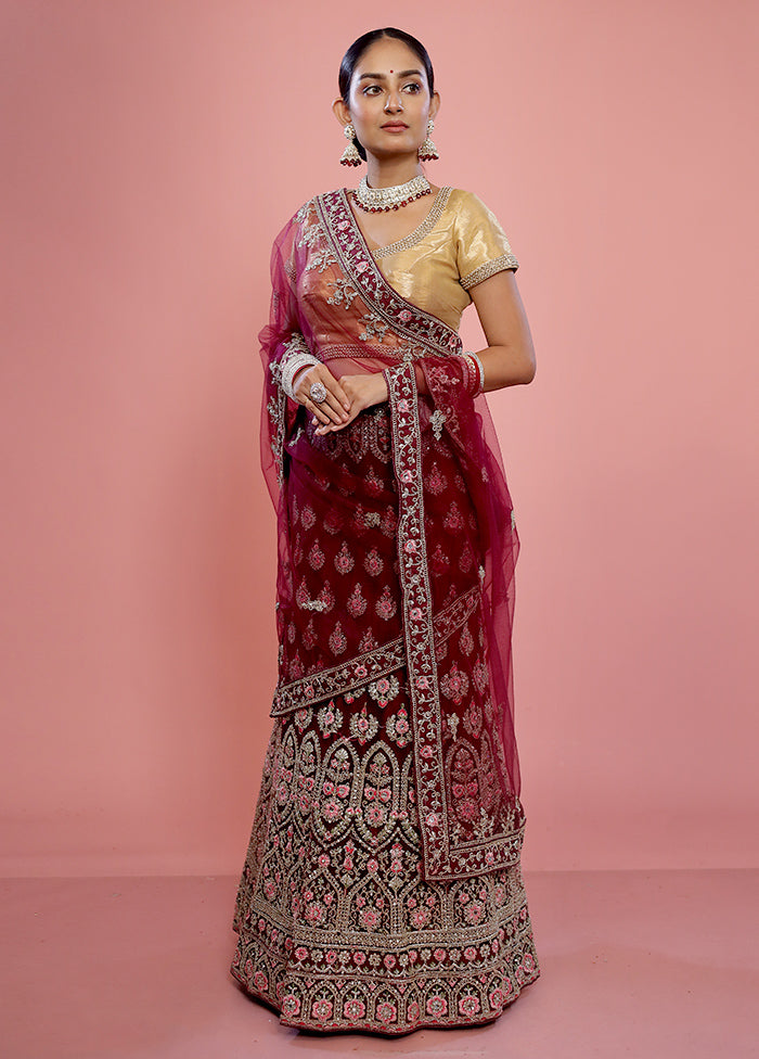 3 Pc Maroon Semi Stitched Silk Lehenga Set - Indian Silk House Agencies