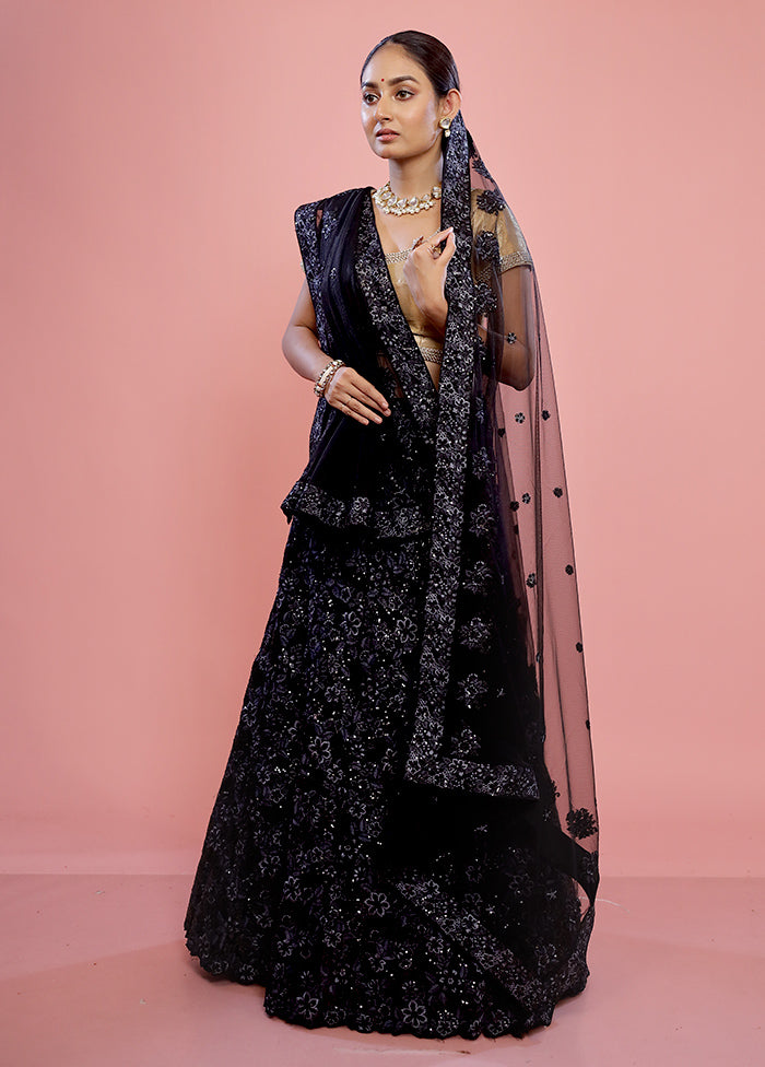 3 Pc Black Semi Stitched Silk Lehenga Set - Indian Silk House Agencies