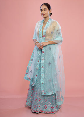 3 Pc Sky Blue Semi Stitched Silk Lehenga Set - Indian Silk House Agencies