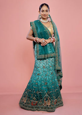 3 Pc Green Semi Stitched Silk Lehenga Set - Indian Silk House Agencies