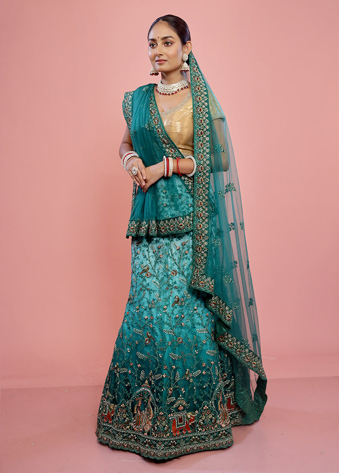 3 Pc Green Semi Stitched Silk Lehenga Set - Indian Silk House Agencies